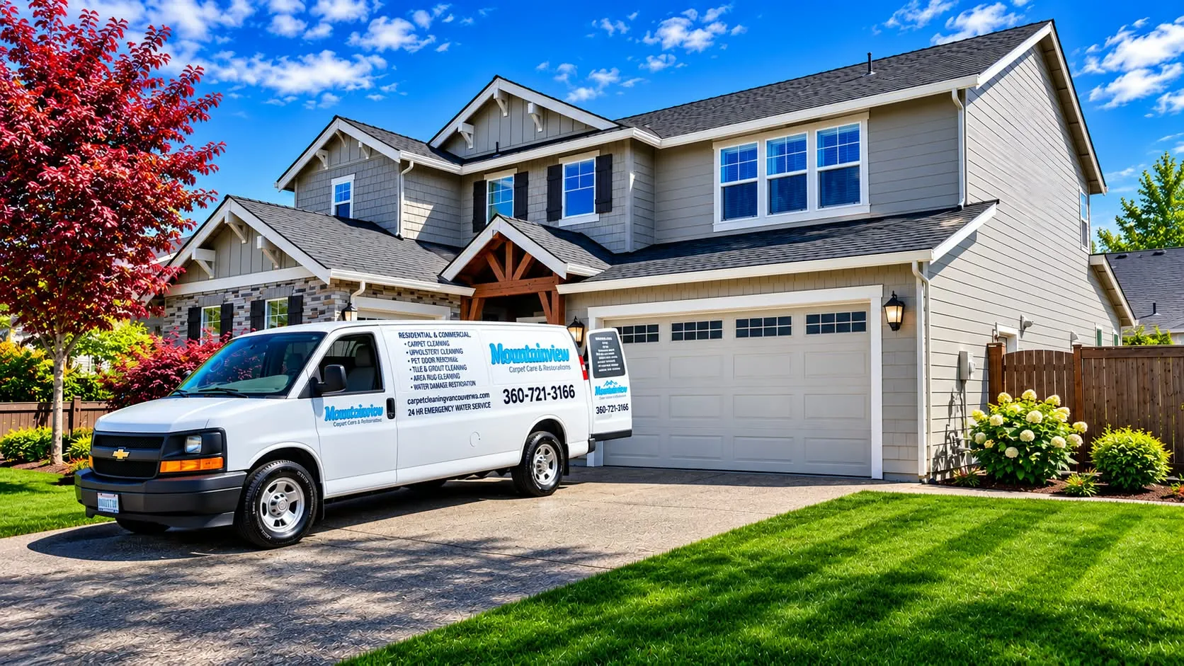 Mountain View Carpet Care van parked in front of a Vancouver, WA home